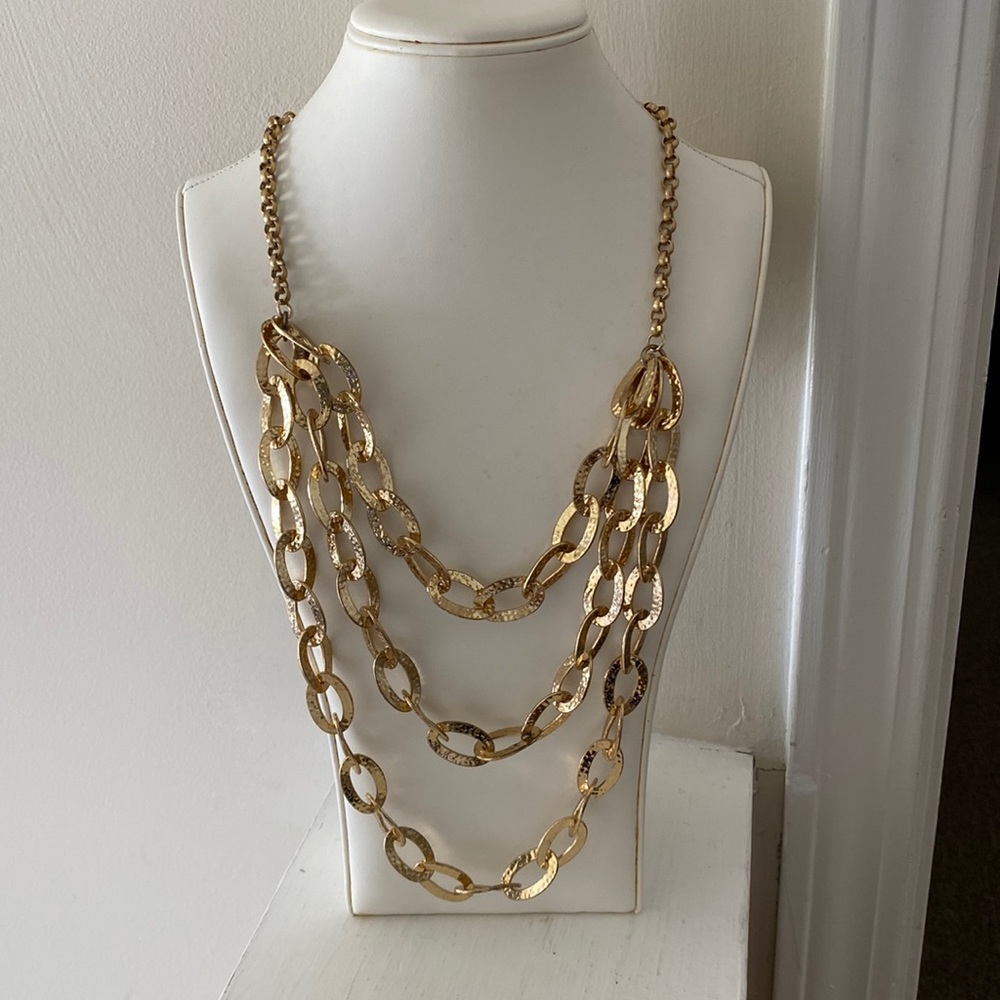 Goldtone Hammered 3 strand Necklace 24” & Goldtone 2” Hoop Earrings Set